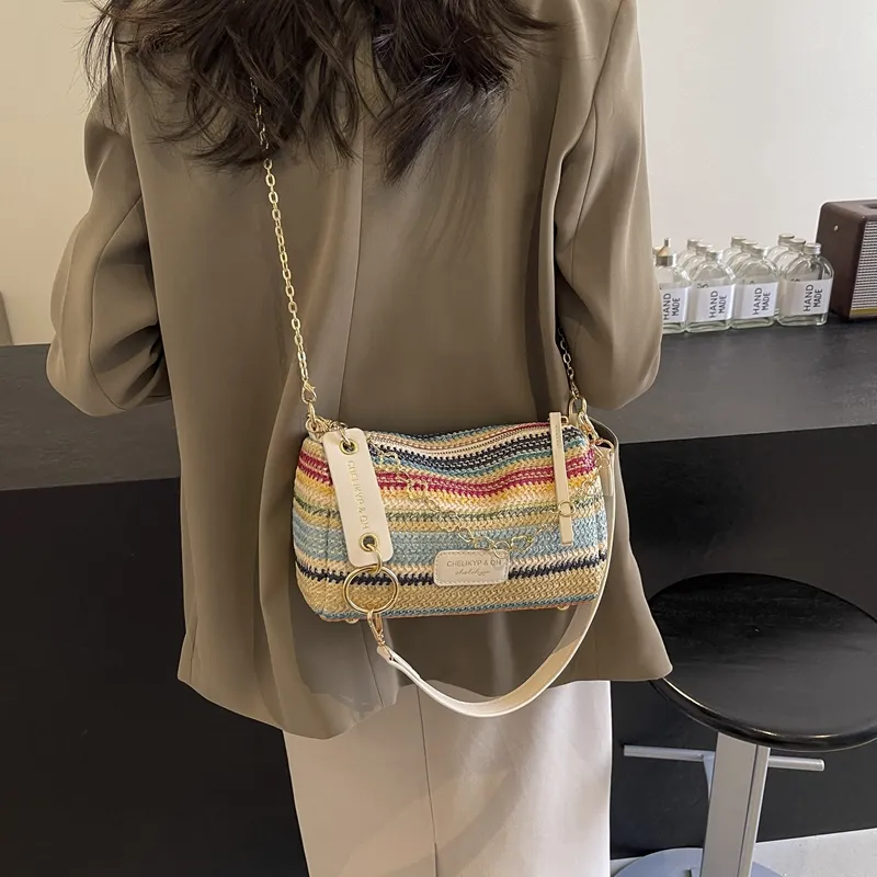 DCLOUD Straw Woven Shoulder Bag Women's Multicolor White/Brown/Ecru/Khaki-2