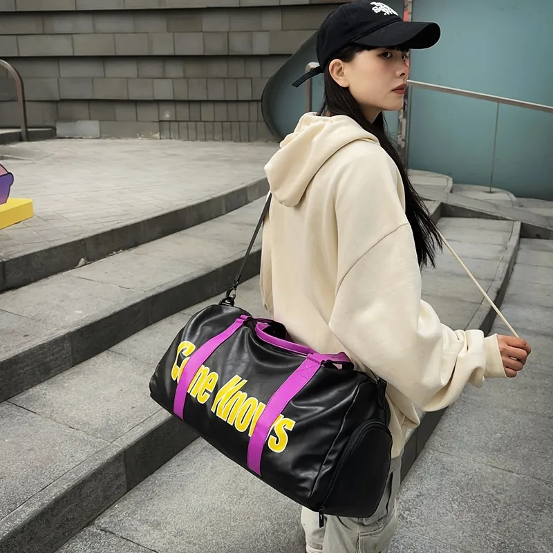 DCLOUD PU Gym Bag Large Size Unisex Black Multicolor/Black Purple/Black White-12