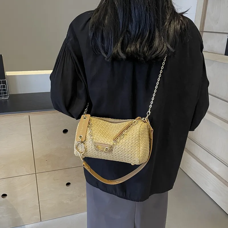 DCLOUD Straw Woven Shoulder Bag Women's Multicolor White/Brown/Ecru/Khaki-25