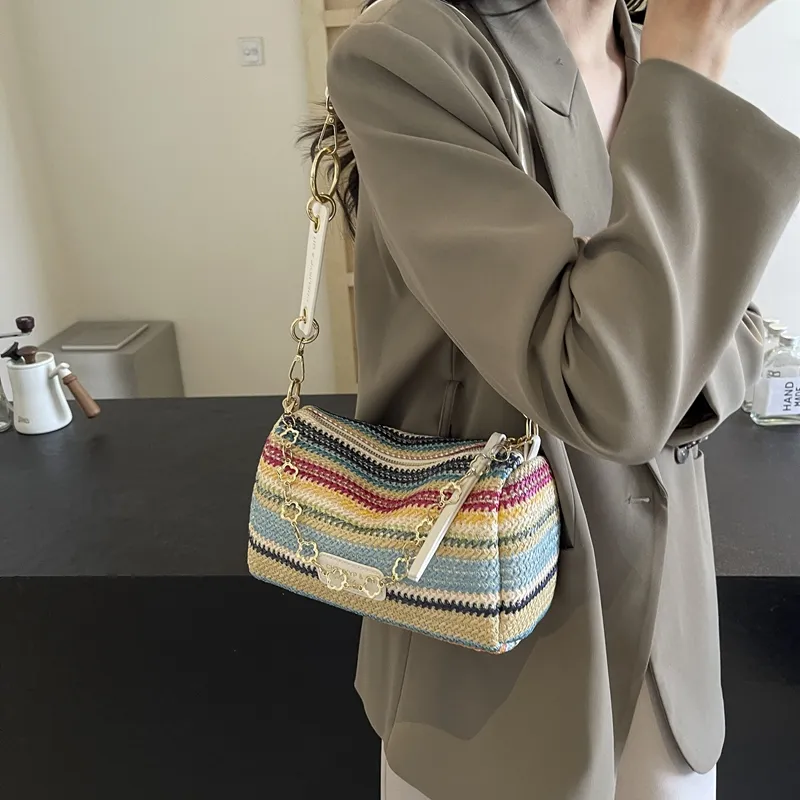 DCLOUD Straw Woven Shoulder Bag Women's Multicolor White/Brown/Ecru/Khaki-3
