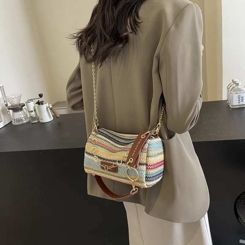 DCLOUD Straw Woven Shoulder Bag Women's Multicolor White/Brown/Ecru/Khaki-11