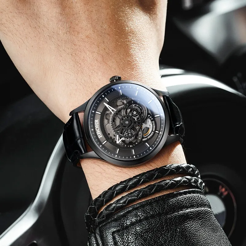 EBOHR Automatic Mechanical Movement Cowhide Strap Watch Men's Watches Cut-Out Dial-2