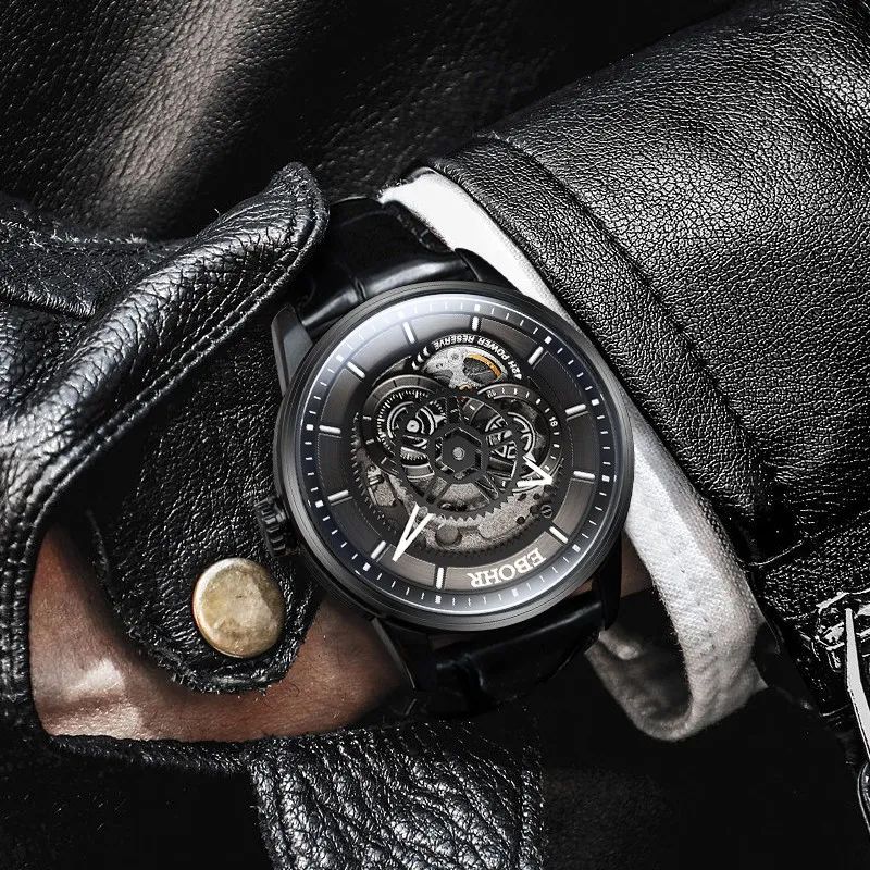 EBOHR Automatic Mechanical Movement Cowhide Strap Watch Men's Watches Cut-Out Dial-1