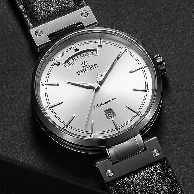 EBOHR Mechanical Movement Cowhide Strap Watch Men White Dial-2