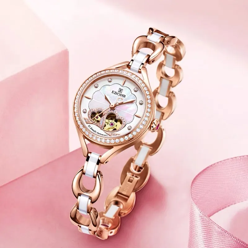 EBOHR Floral Plate Elegant Bracelet Mechanical Movement Watch Women's Watch Mother-of-Pearl Color Watch Dial-1