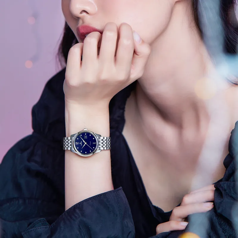 EBOHR Mechanical Movement Stainless Steel Strap Watch Women's Blue Dial-4