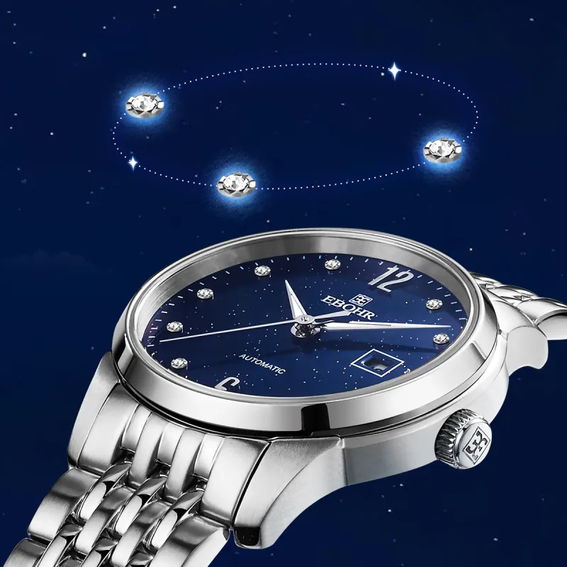 EBOHR Mechanical Movement Stainless Steel Strap Watch Women's Blue Dial-2