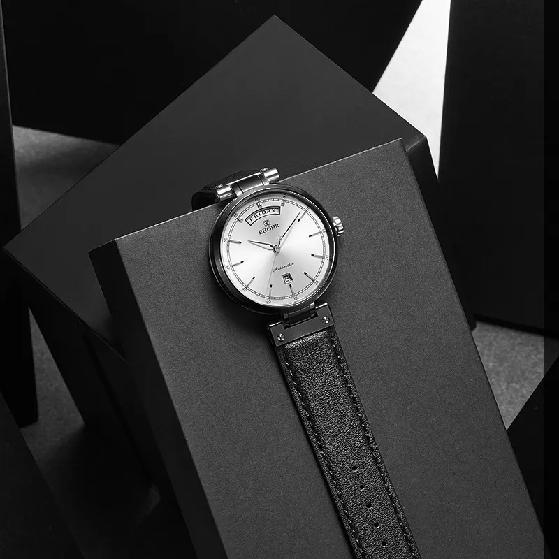 EBOHR Mechanical Movement Cowhide Strap Watch Men White Dial-1