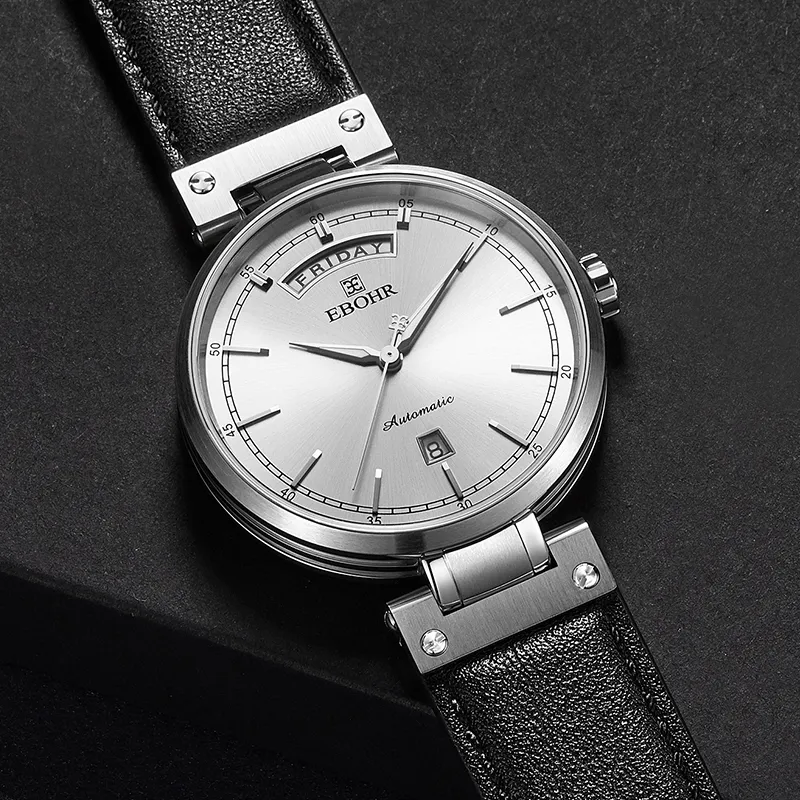 EBOHR Mechanical Movement Cowhide Strap Watch Men White Dial-6