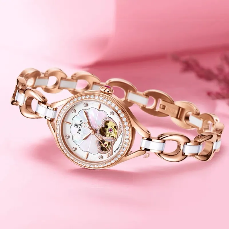 EBOHR Floral Plate Elegant Bracelet Mechanical Movement Watch Women's Watch Mother-of-Pearl Color Watch Dial-3