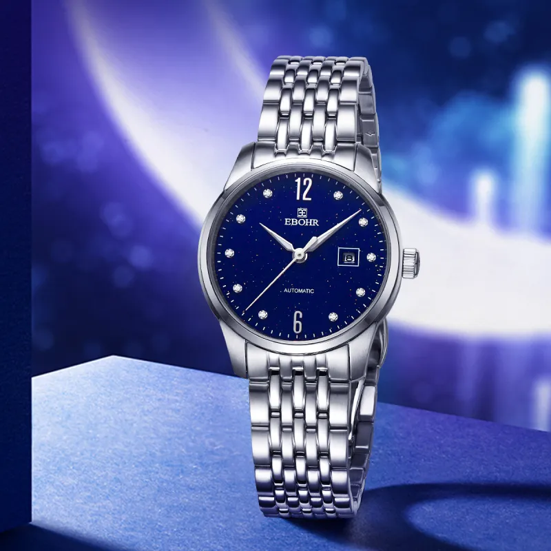 EBOHR Mechanical Movement Stainless Steel Strap Watch Women's Blue Dial-1