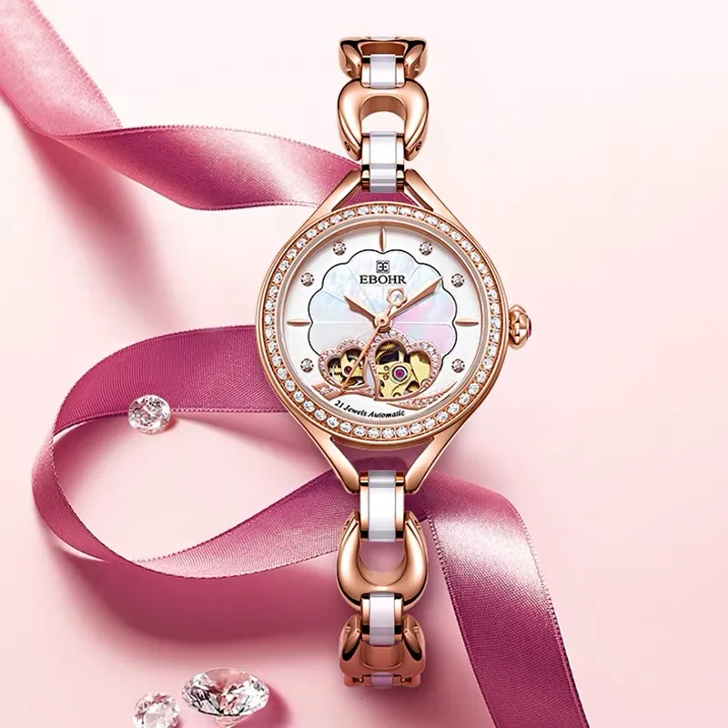 EBOHR Floral Plate Elegant Bracelet Mechanical Movement Watch Women's Watch Mother-of-Pearl Color Watch Dial-2
