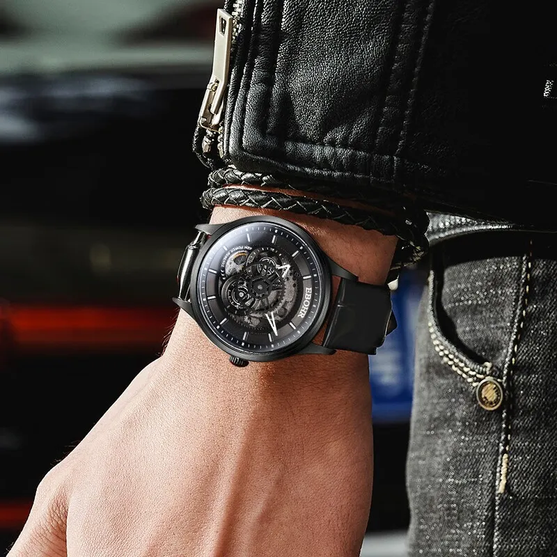 EBOHR Automatic Mechanical Movement Cowhide Strap Watch Men's Watches Cut-Out Dial-3