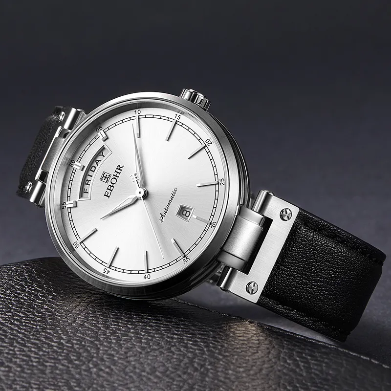 EBOHR Mechanical Movement Cowhide Strap Watch Men White Dial-5
