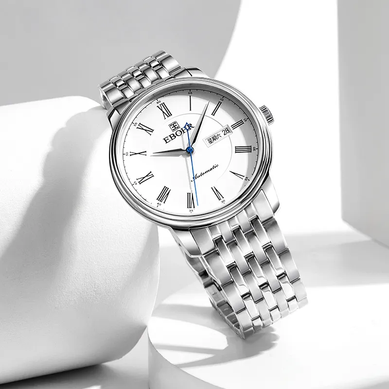 EBOHR Elegant Mechanical Movement Stainless Steel Strap Watch Unisex White Dial-2