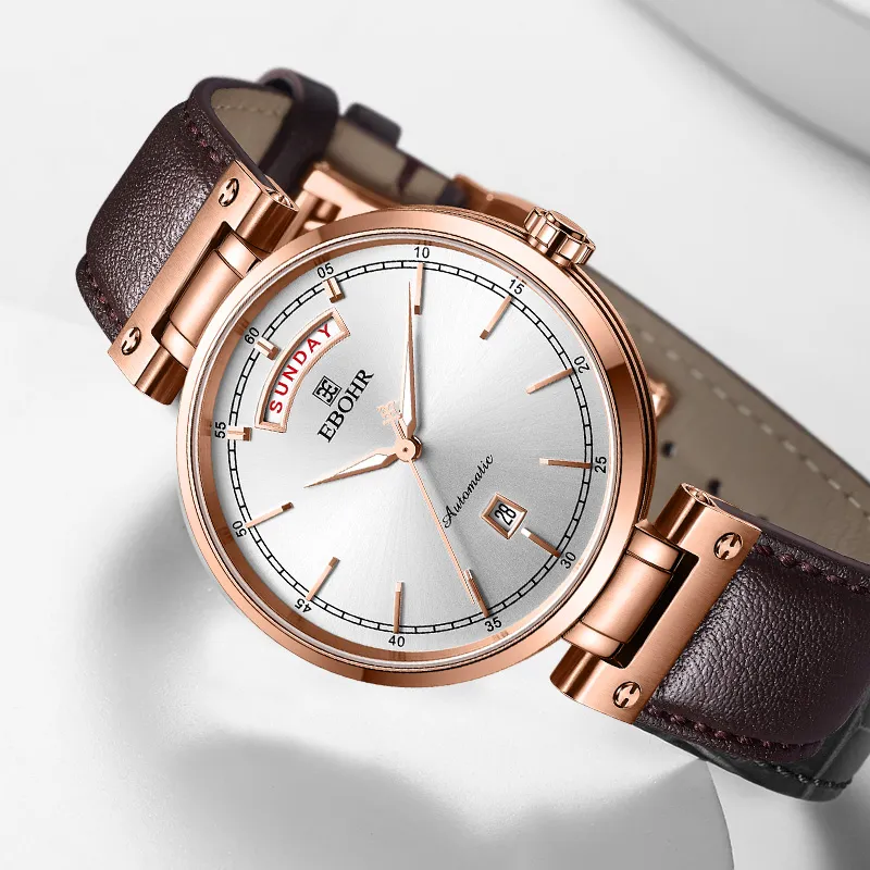 EBOHR Mechanical Movement Cowhide Strap Watch Men White Dial-8