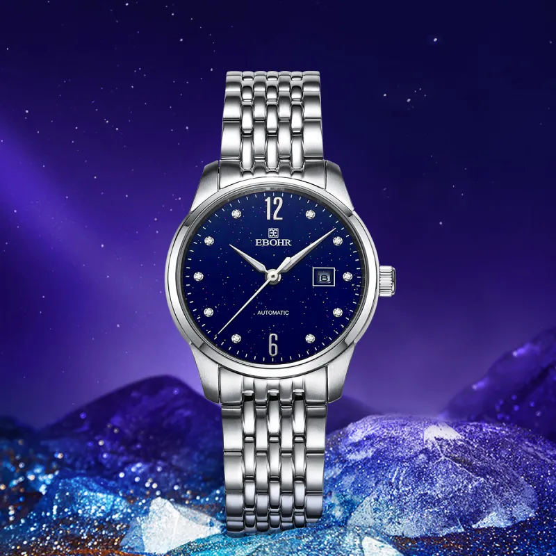 EBOHR Mechanical Movement Stainless Steel Strap Watch Women's Blue Dial-3