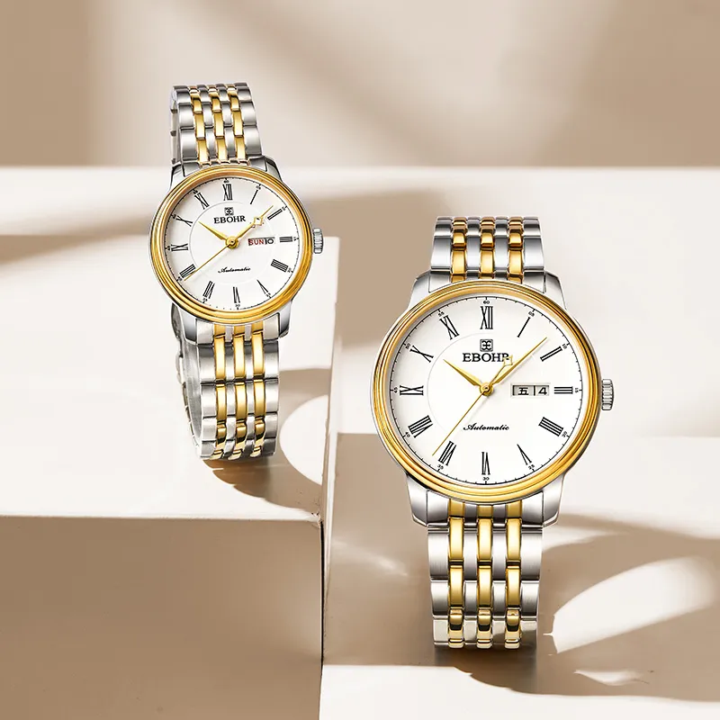 EBOHR Elegant Mechanical Movement Stainless Steel Strap Watch Unisex White Dial-7