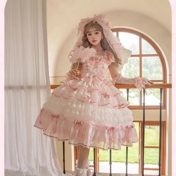 OUTDOORPRINCE Lolita Fashion Women's OP+Veil+Sleeves+Inner Pink Large Full Set-2