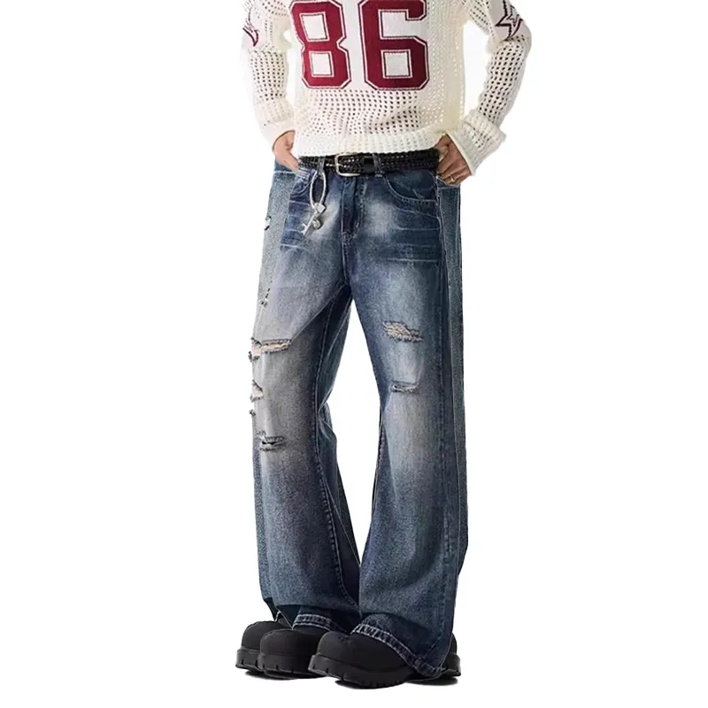 YICHEN Jeans Unisex Lightning Pattern Distressed Blue Cow[A Shape Micro Flare]-2