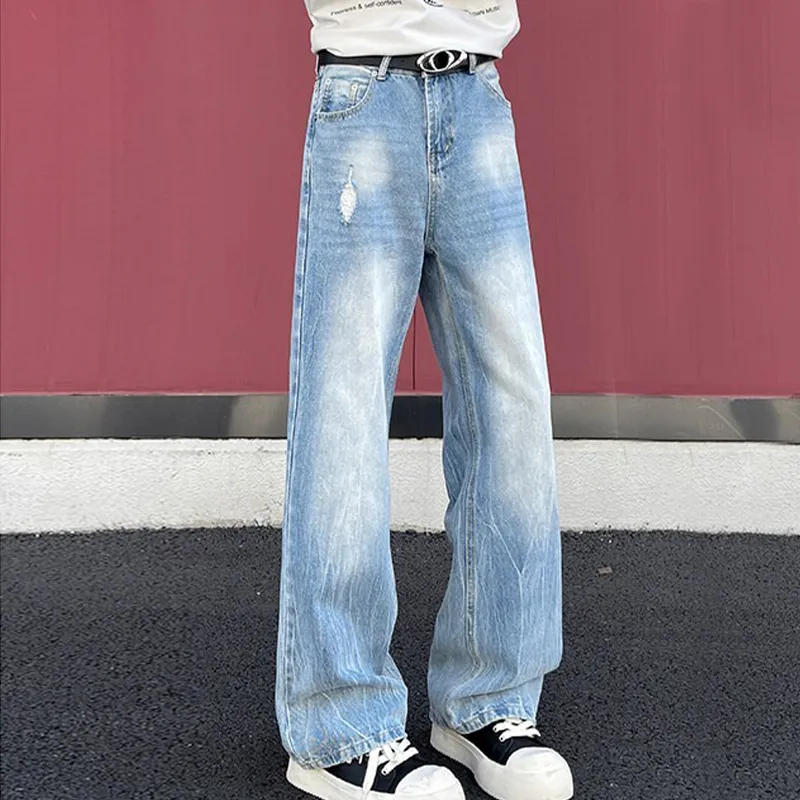 YICHEN Jeans Unisex Ice Blue Bamboo Pattern[A Shaped Micro Flare]-2