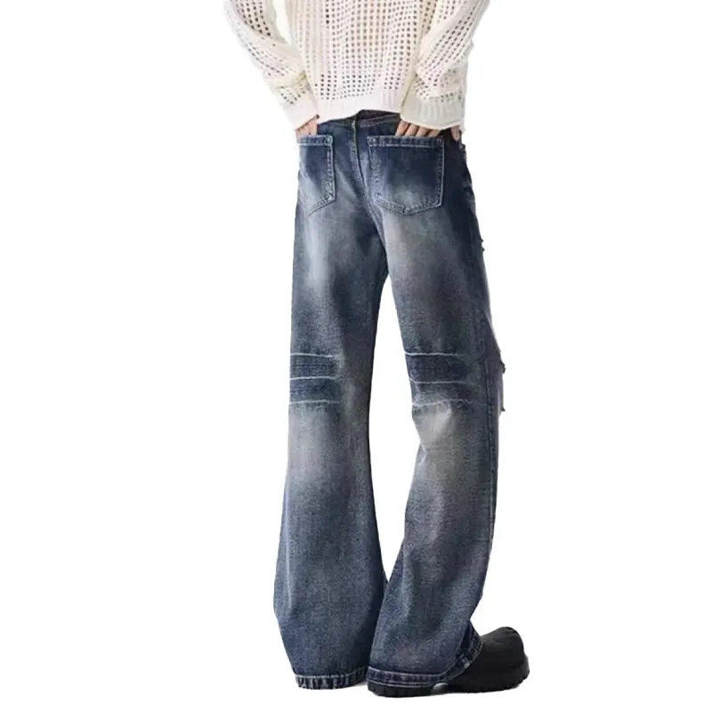 YICHEN Jeans Unisex Lightning Pattern Distressed Blue Cow[A Shape Micro Flare]-3
