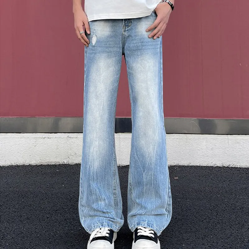 YICHEN Jeans Unisex Ice Blue Bamboo Pattern[A Shaped Micro Flare]-1