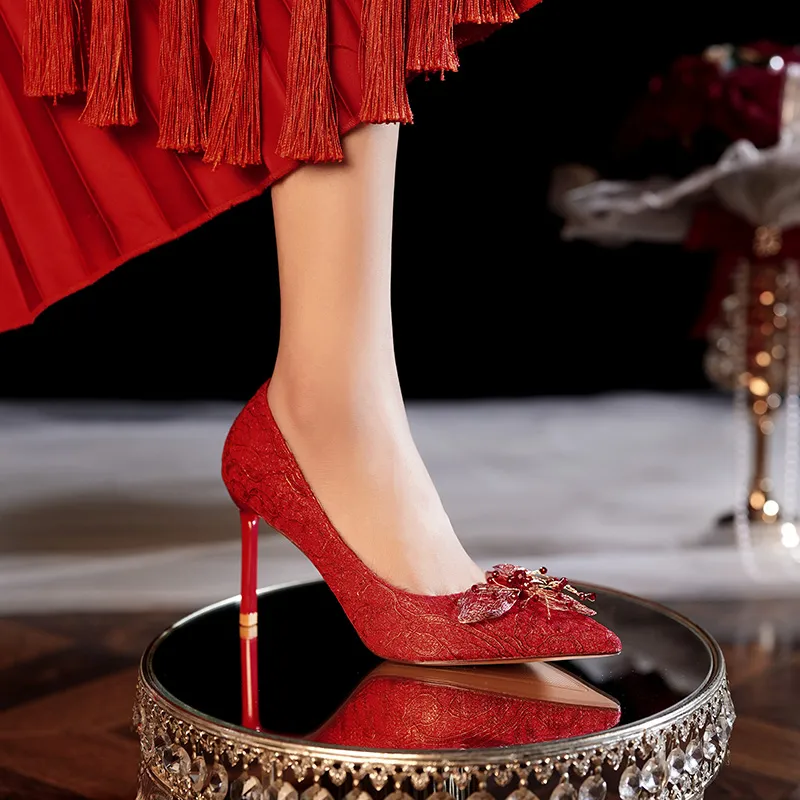 XIMO BULL Slim Heel High Heels Women's Red-14
