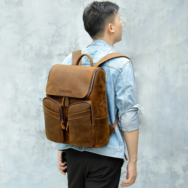 CANUVEN Top Grain Cow Leather Backpack Men's Oil Coffee/Vintage-1
