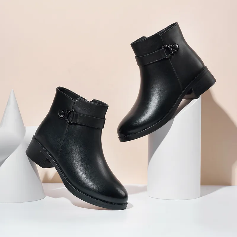 AOKANG Ankle Boots 4cm Chunky Heel Women's Black-3