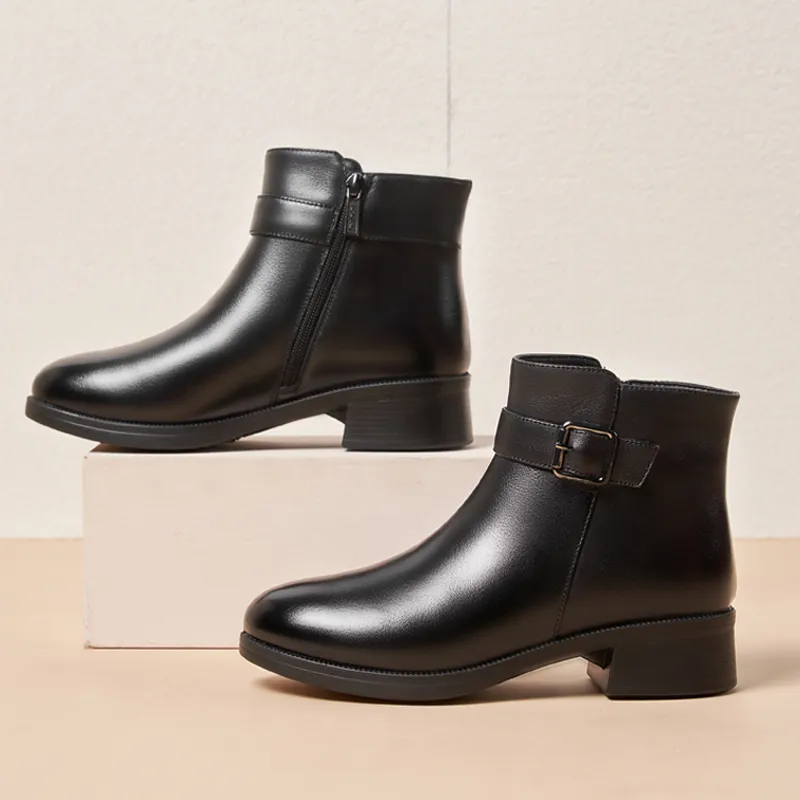 AOKANG Ankle Boots 3.7CM Chunky Heel Women's Black-3