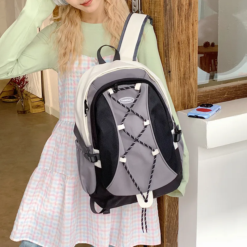 WICKBUEN Nylon Fabric Backpack Travel Bag Unisex White/Black/Purple-8