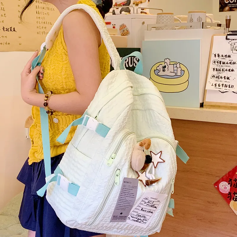 WICKBUEN Nylon Fabric Backpack Women's Light Yellow/Black/Green/Blue-14