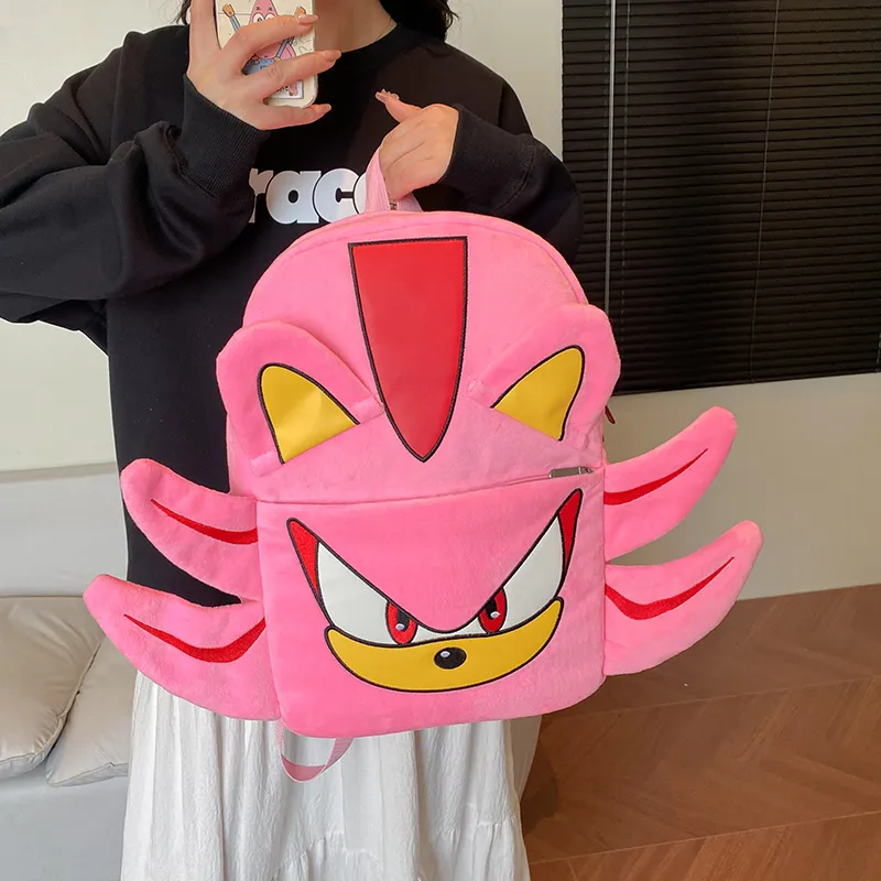 WICKBUEN Plush Backpack Unisex Black/Pink/Gray-13