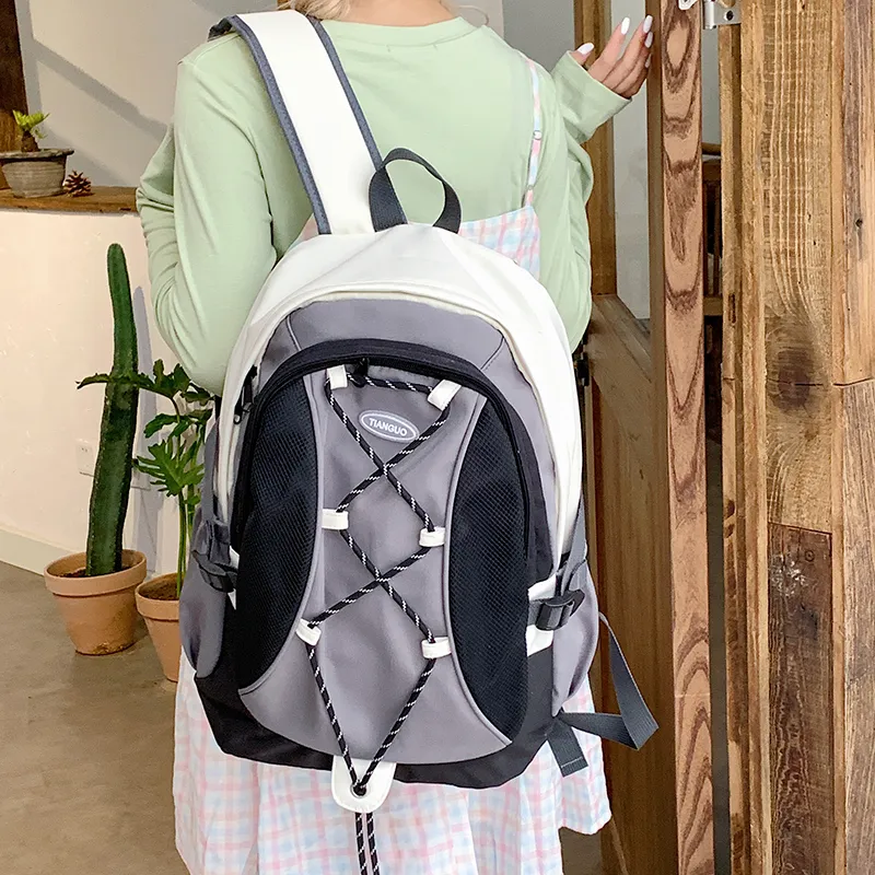 WICKBUEN Nylon Fabric Backpack Travel Bag Unisex White/Black/Purple-11
