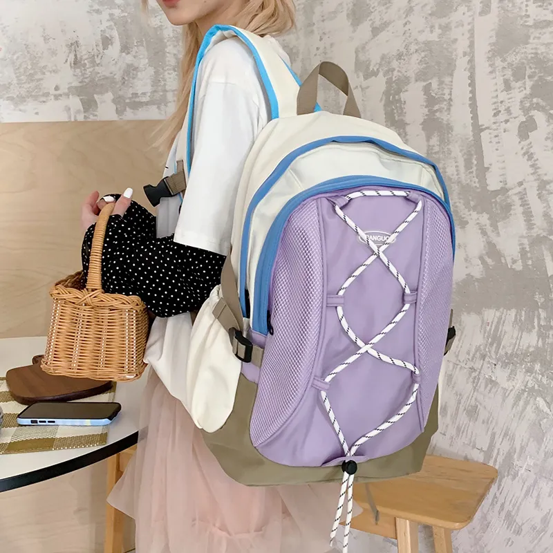 WICKBUEN Nylon Fabric Backpack Travel Bag Unisex White/Black/Purple-17