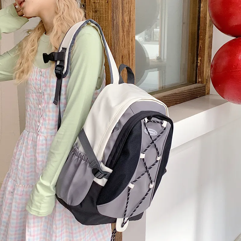 WICKBUEN Nylon Fabric Backpack Travel Bag Unisex White/Black/Purple-10