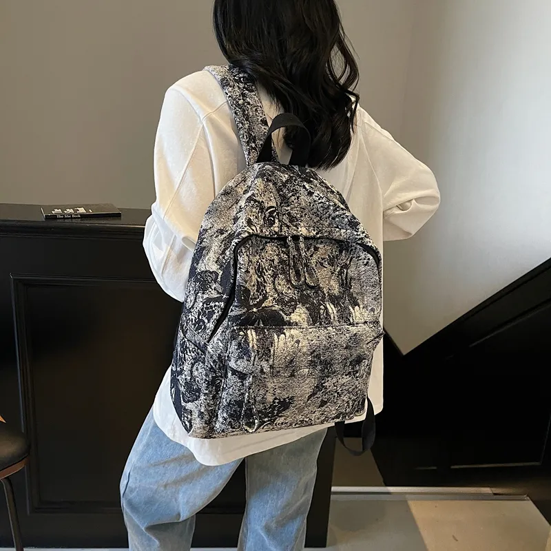 WICKBUEN Fabric Backpack Unisex Ecru/Black/Navy Blue-16