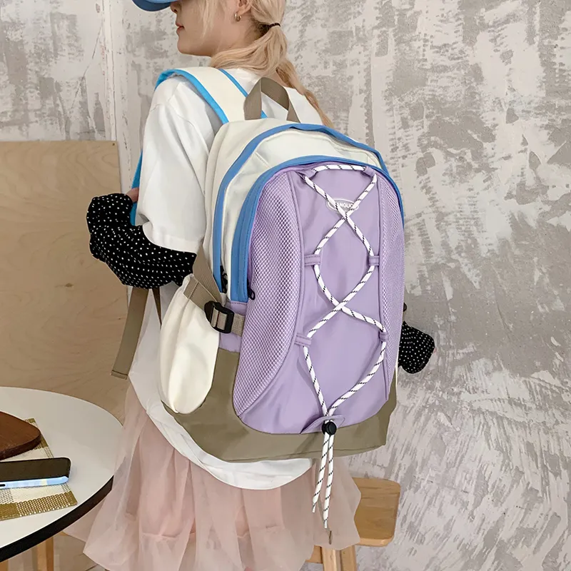 WICKBUEN Nylon Fabric Backpack Travel Bag Unisex White/Black/Purple-16