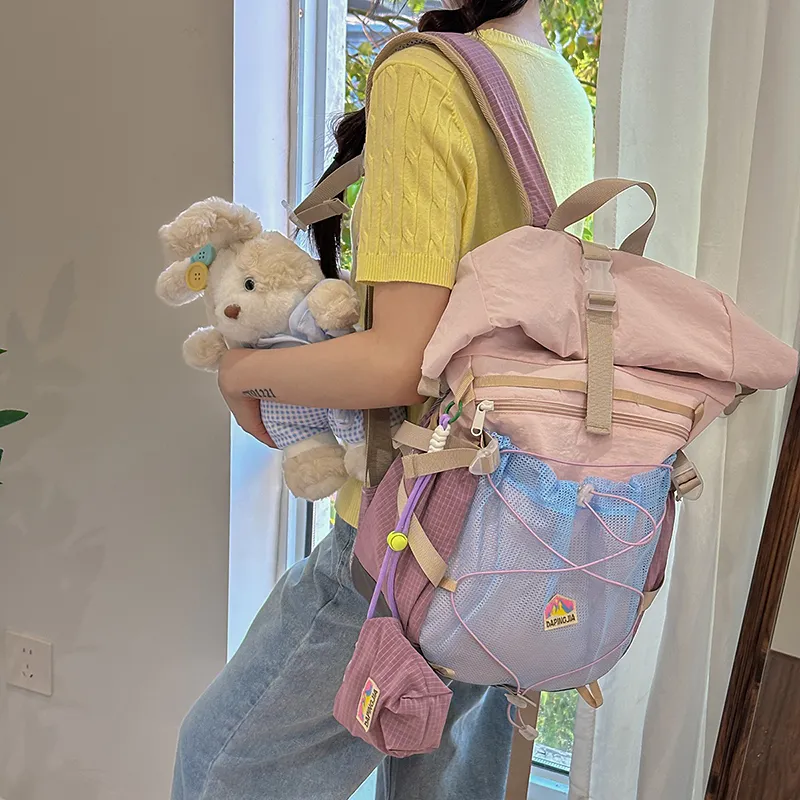 WICKBUEN Nylon Backpack Unisex Coffee/Pink/Purple-17