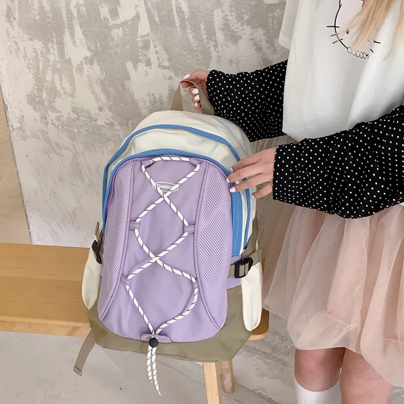 WICKBUEN Nylon Fabric Backpack Travel Bag Unisex White/Black/Purple-15