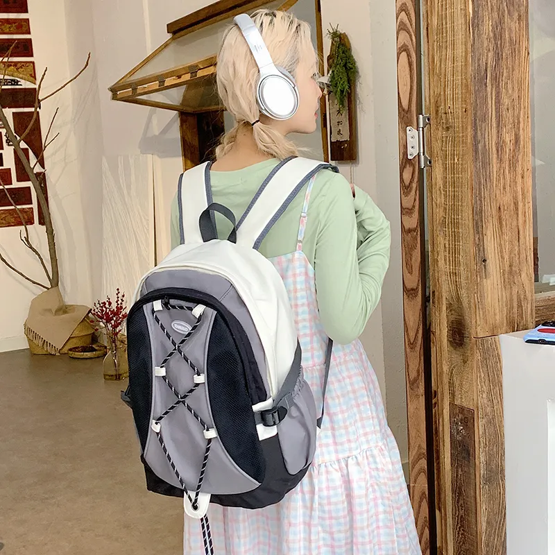 WICKBUEN Nylon Fabric Backpack Travel Bag Unisex White/Black/Purple-12