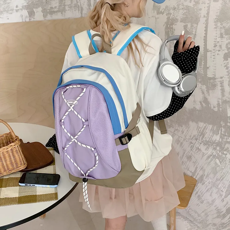 WICKBUEN Nylon Fabric Backpack Travel Bag Unisex White/Black/Purple-19