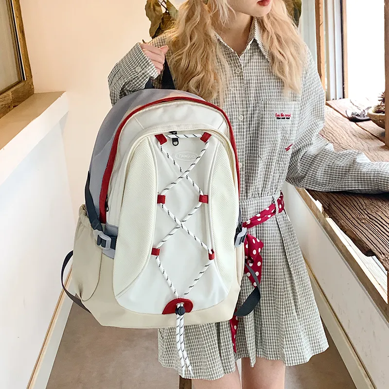 WICKBUEN Nylon Fabric Backpack Travel Bag Unisex White/Black/Purple-2