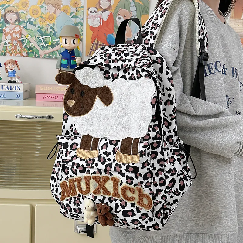 WICKBUEN Nylon Backpack Unisex White Leopard Print-5