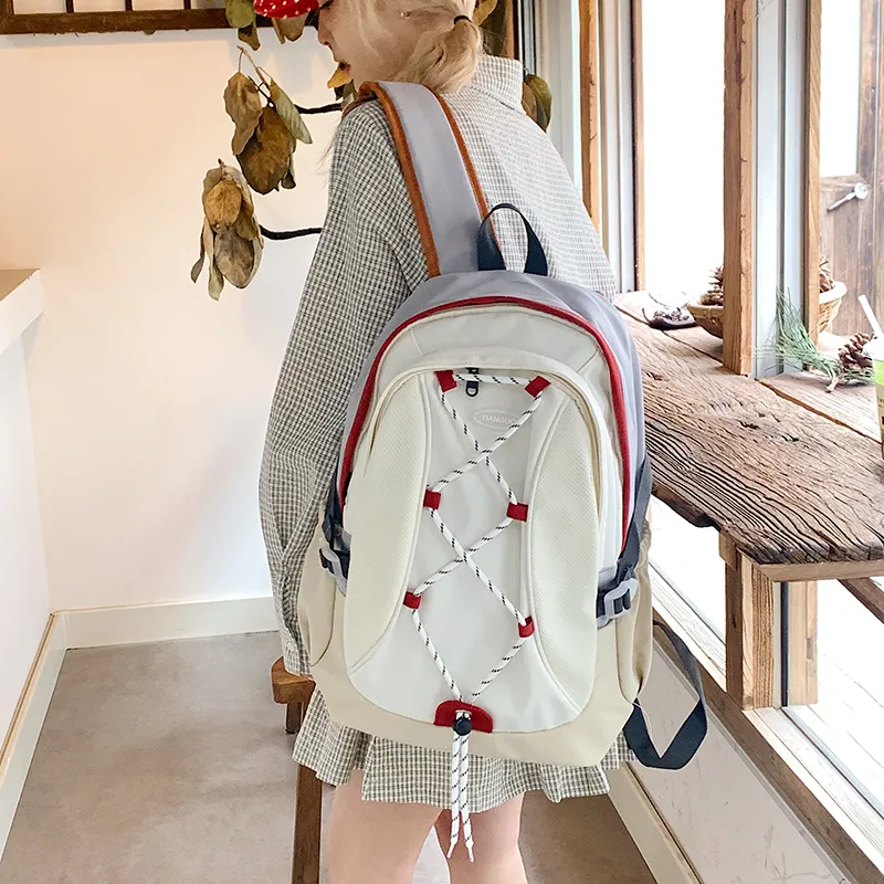 WICKBUEN Nylon Fabric Backpack Travel Bag Unisex White/Black/Purple-4