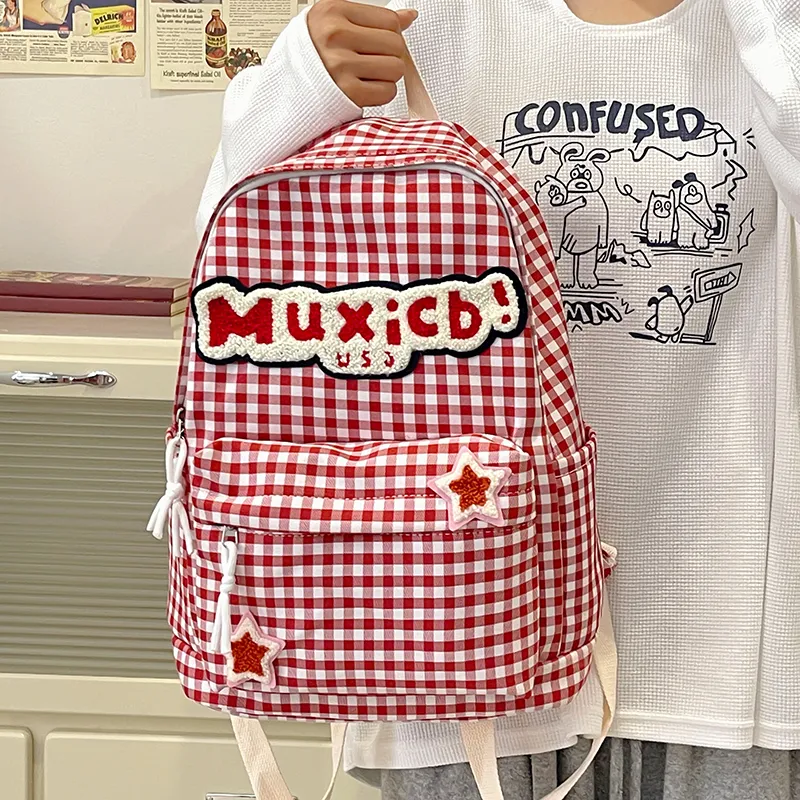 WICKBUEN Nylon Backpack Regular Unisex Red White Plaid/Black White Plaid-1