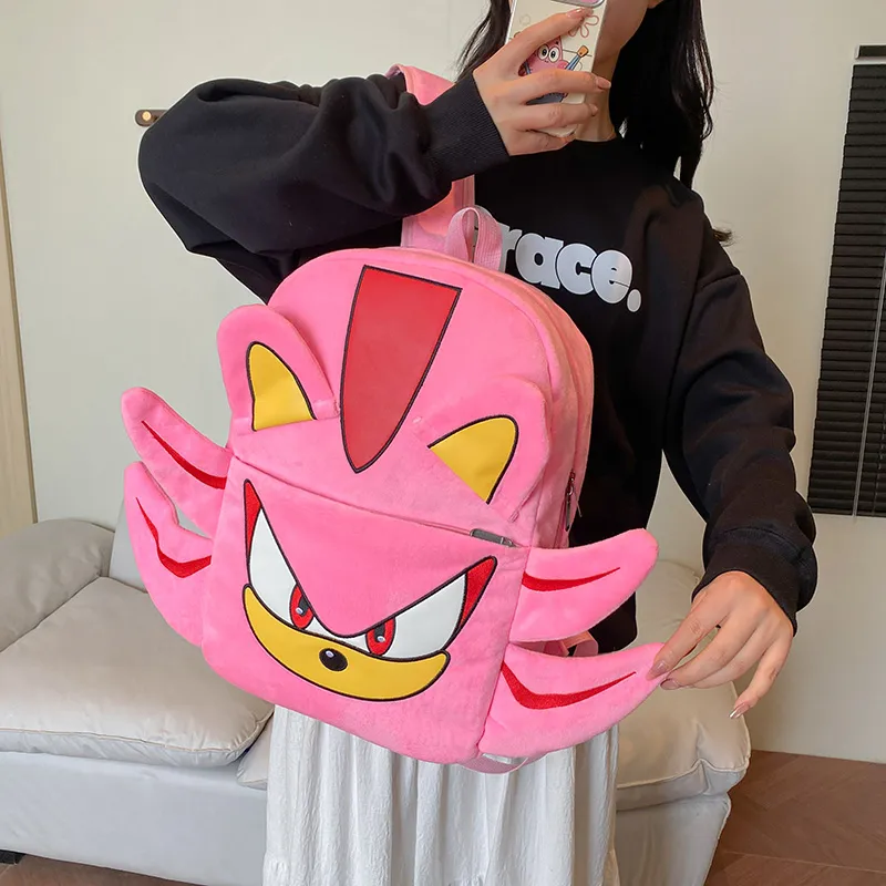 WICKBUEN Plush Backpack Unisex Black/Pink/Gray-14