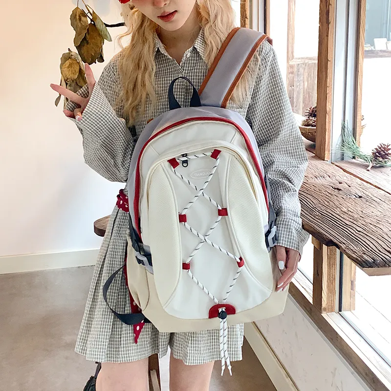 WICKBUEN Nylon Fabric Backpack Travel Bag Unisex White/Black/Purple-3