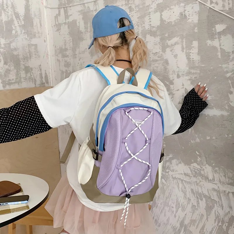 WICKBUEN Nylon Fabric Backpack Travel Bag Unisex White/Black/Purple-18
